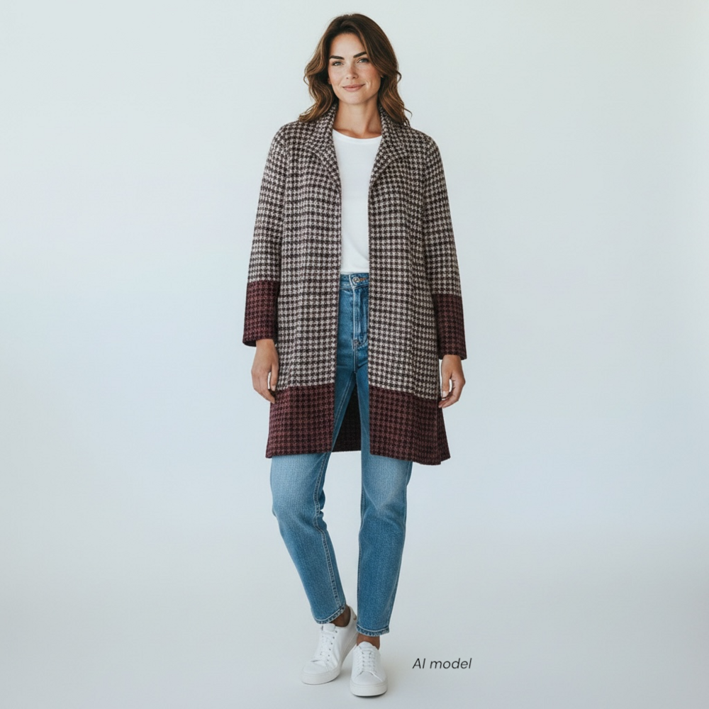 Misook Jacket Womens Medium Burgundy Knit Open Front Houndstooth Long Duster
